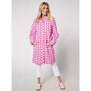 Isaac Mizrahi Pink and White Gingham Button Up Front Car Coat Cotton Petite XXS